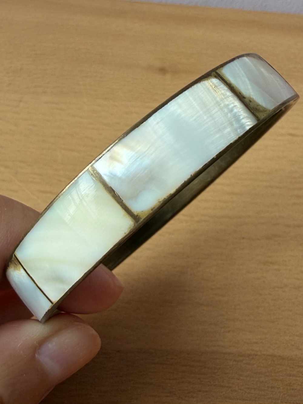Vintage Mother of Pearl Brass metal Channel Inlaid Bangle Bracelet Chunky Wide